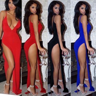 Deep V low -cut high elasticity, tightening nightclub side high -cut long skirt, sex nightclub