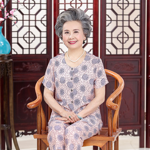 Summer clothing for mother, set for elderly, cardigan, for middle age, with short sleeve, 60 years