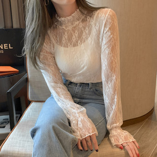 Lace silk body-friendly autumn long-sleeve, high collar, city style, western style