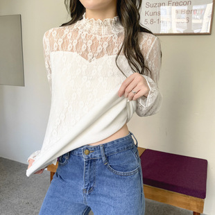 2024 autumn and winter new velvet thickened lace base shirt double-layer impermeable top large size stretch women's clothing